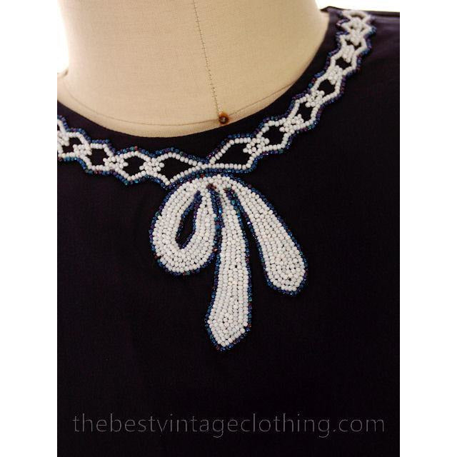 Vintge Navy Blue Rayon White Beaded Blouse 1940s Morlove Large -XL Women's,New Arrivals Morlove