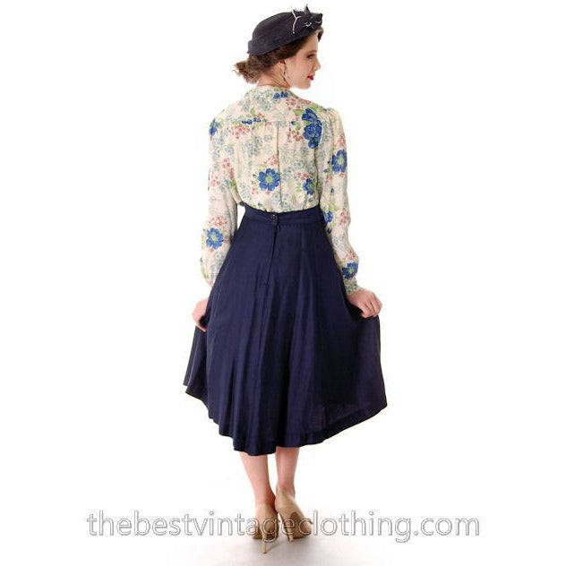 Vintage 1940s Rayon Blouse Printed Blue Roses M-L Women's,New Arrivals The Best Vintage Clothing