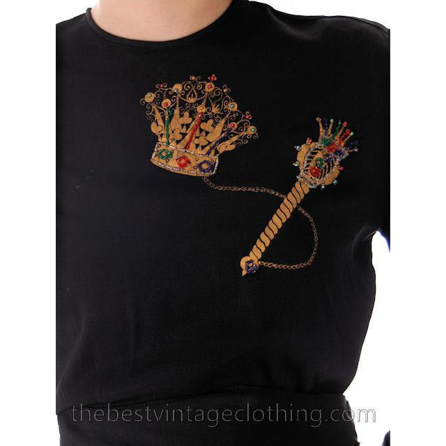 Vintage El-Ge Rayon Blouse Black Gold Crown & Scepter Motif Beaded Med - The Best Vintage Clothing
 - 1