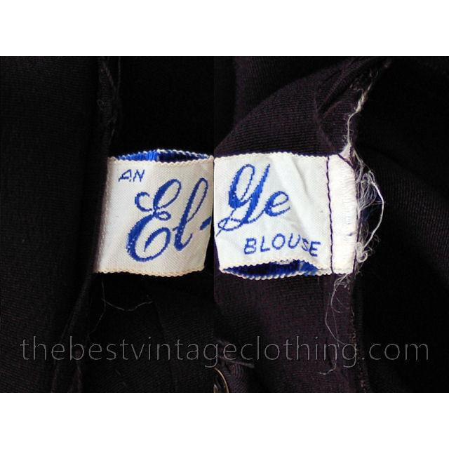 Vintage El-Ge Rayon Blouse Black Gold Crown & Scepter Motif Beaded Med Women's,New Arrivals vendor-unknown