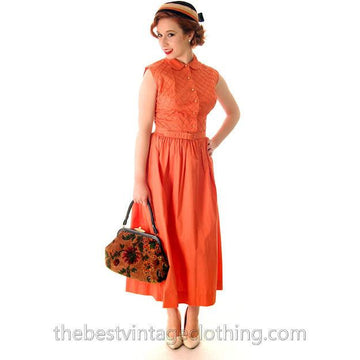 Vintage 1940s Day Dress Orange Cotton Nice Details 34-26-Free - The Best Vintage Clothing
 - 1