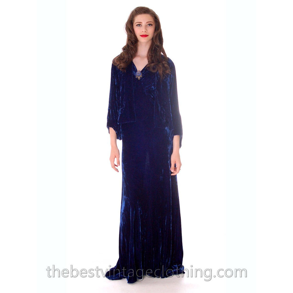 Stunning 1930s Vintage Crushed Blue Velvet Evening Gown + Batwing Bolero Jacket 42 Bust M L The Best Vintage Clothing