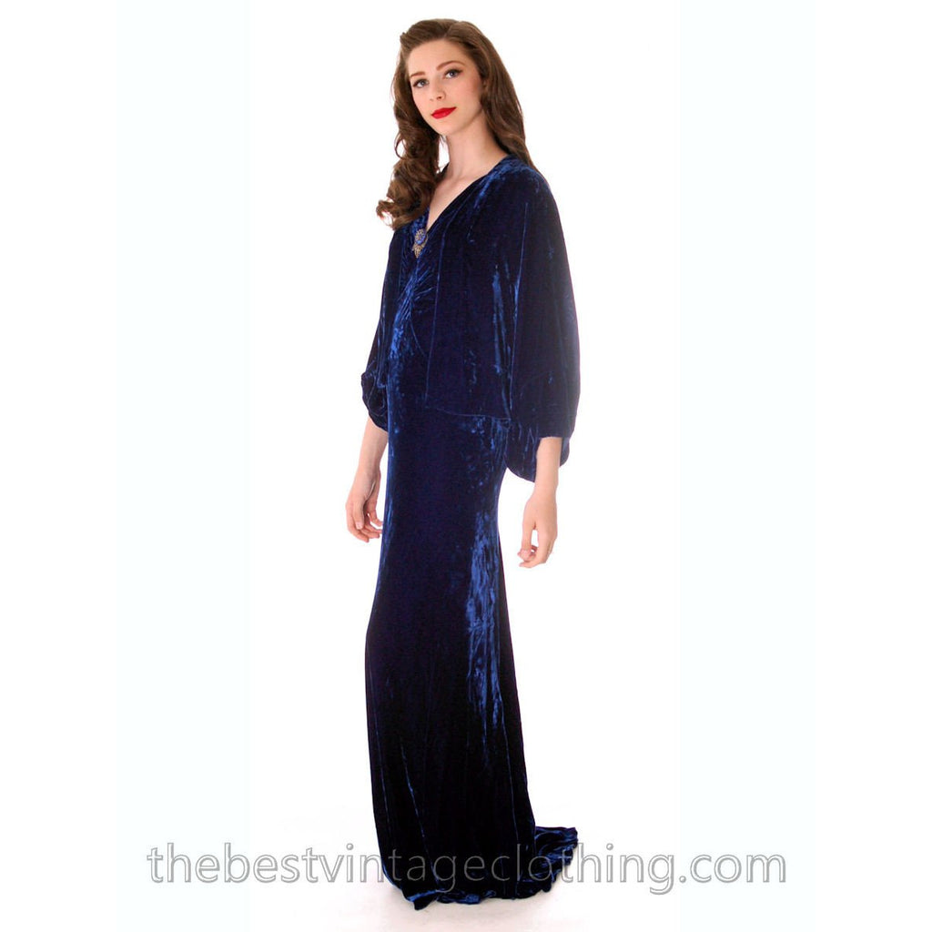 Stunning 1930s Vintage Crushed Blue Velvet Evening Gown + Batwing Bolero Jacket 42 Bust M L The Best Vintage Clothing