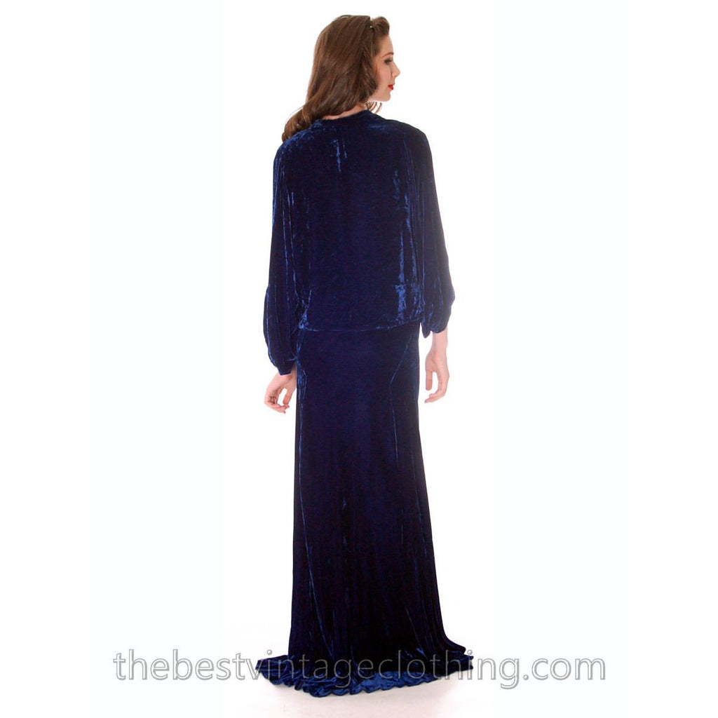Stunning 1930s Vintage Crushed Blue Velvet Evening Gown + Batwing Bolero Jacket 42 Bust M L The Best Vintage Clothing