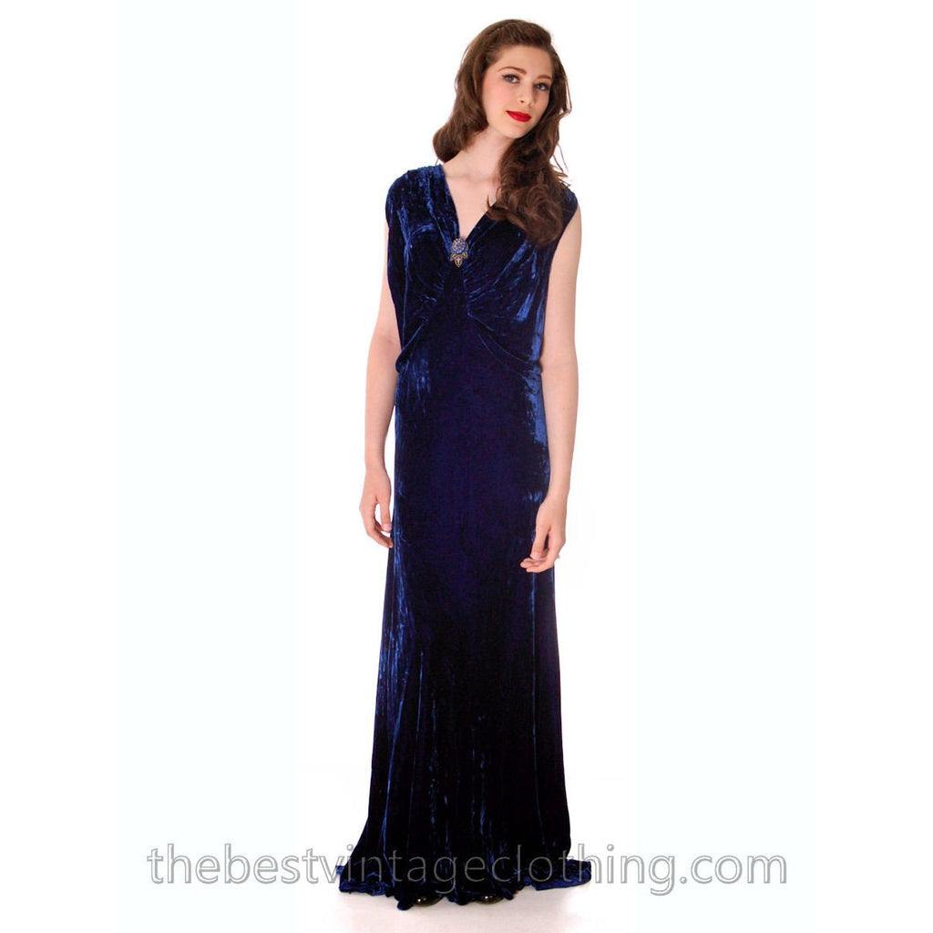 Stunning 1930s Vintage Crushed Blue Velvet Evening Gown + Batwing Bolero Jacket 42 Bust M L The Best Vintage Clothing