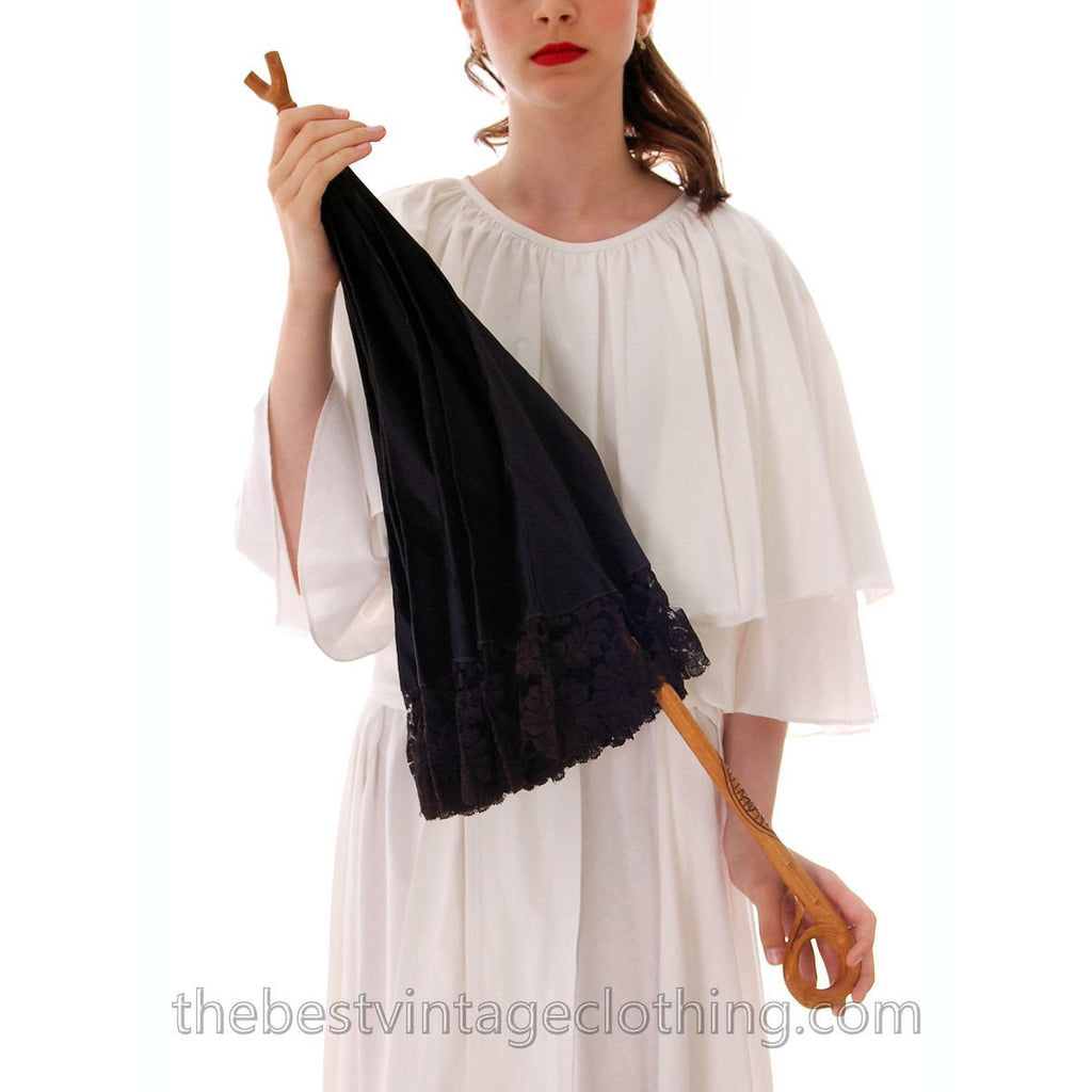 Beautiful Antique Parasol Black Silk Fancy Lace Carved Wood Handle parasol The Best Vintage Clothing