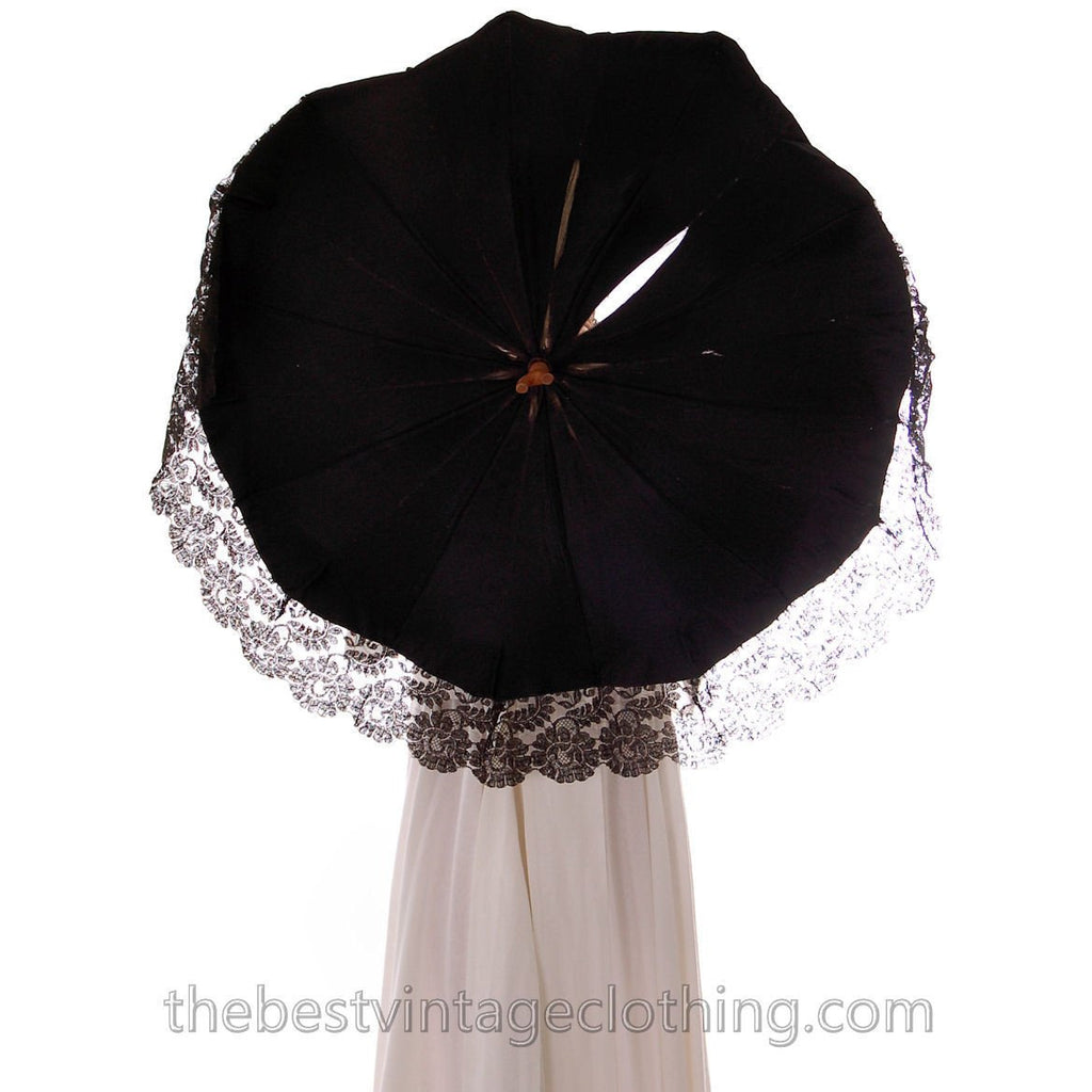 Beautiful Antique Parasol Black Silk Fancy Lace Carved Wood Handle parasol The Best Vintage Clothing