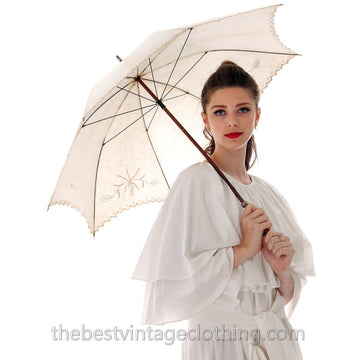 Antique Parasol White Linen Eyelet Victorian Bamboo Handle Excellent Condition parasol The Best Vintage Clothing