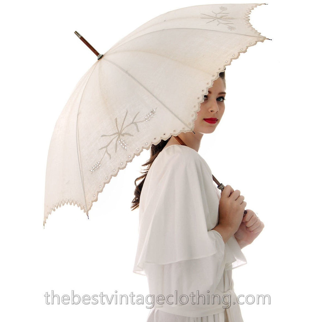 Antique Parasol White Linen Eyelet Victorian Bamboo Handle Excellent Condition parasol The Best Vintage Clothing