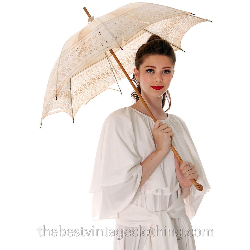 Antique Parasol White Eyelet Burled Light Wood Handle 1880s Victorian parasol The Best Vintage Clothing