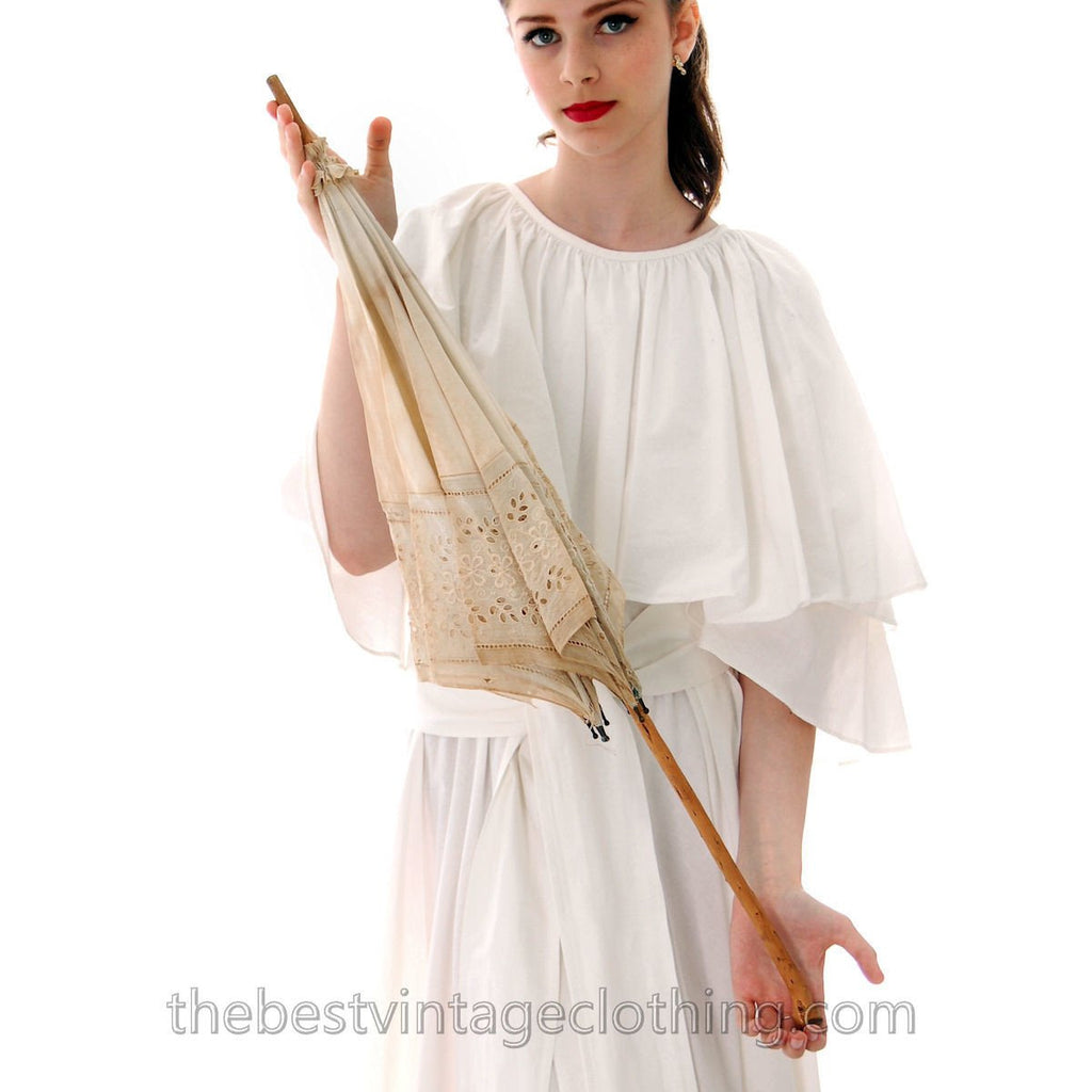 Antique Parasol White Eyelet Burled Light Wood Handle 1880s Victorian parasol The Best Vintage Clothing