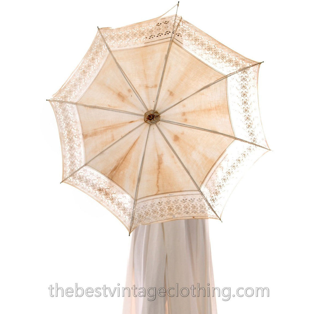 Antique Parasol White Eyelet Burled Light Wood Handle 1880s Victorian parasol The Best Vintage Clothing