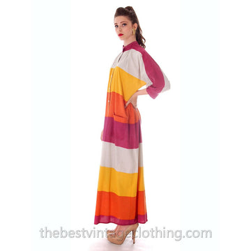 Vintage Vuokko Snap Front Maxi Dress Colorful Stripes 1970s Size M 100% Cotton marimekko The Best Vintage Clothing