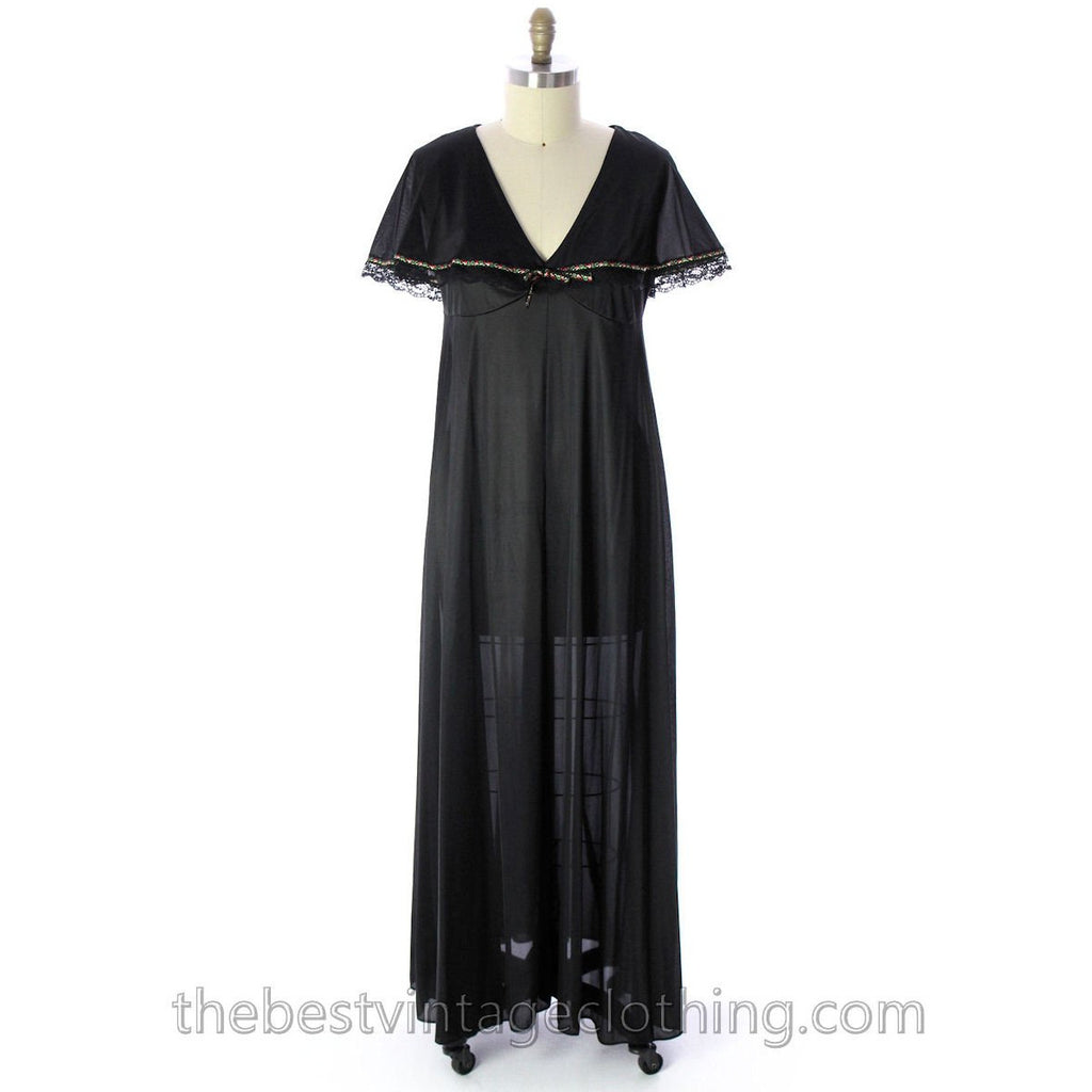 VINTAGE Black Nylon Nightgown Bertha Collar NWOT 1970s Large - The Best Vintage Clothing
 - 1