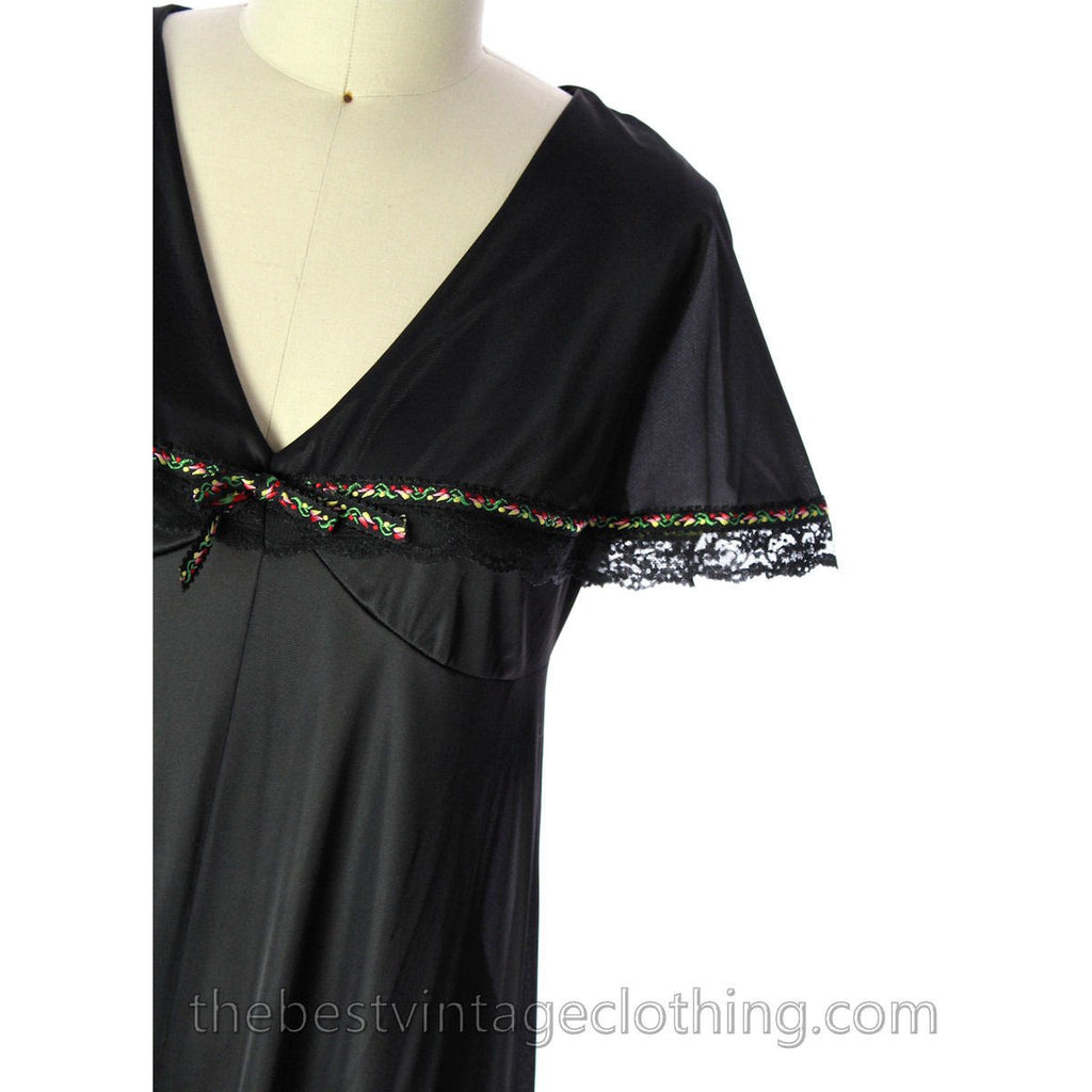 VINTAGE Black Nylon Nightgown Bertha Collar NWOT 1970s Large lingerie The Best Vintage Clothing