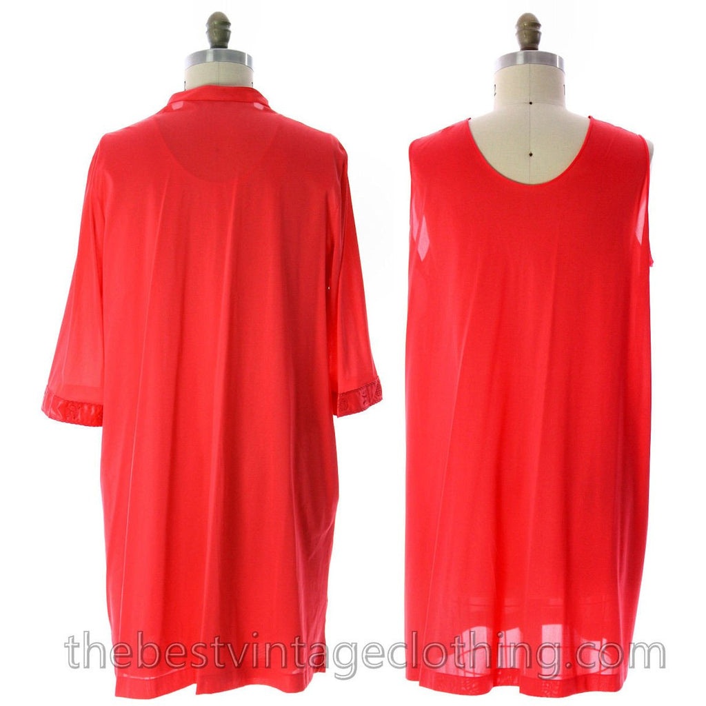 VTG Lorraine 3 PC Peignoir Hot Coral Nylon NWT Asian Influence 1950s Large lingerie The Best Vintage Clothing