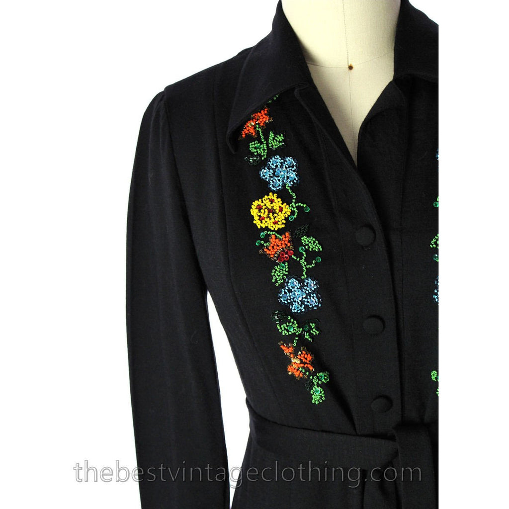 Luisa Spagnoli Vintage 50s RARE Dress Black Jersey Wool Beaded Shirt Dress Large VLV Rockabilly dress The Best Vintage Clothing