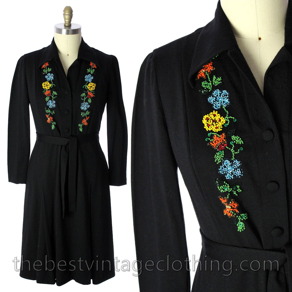 Luisa Spagnoli Vintage 50s RARE Dress Black Jersey Wool Beaded Shirt Dress Large VLV Rockabilly dress The Best Vintage Clothing
