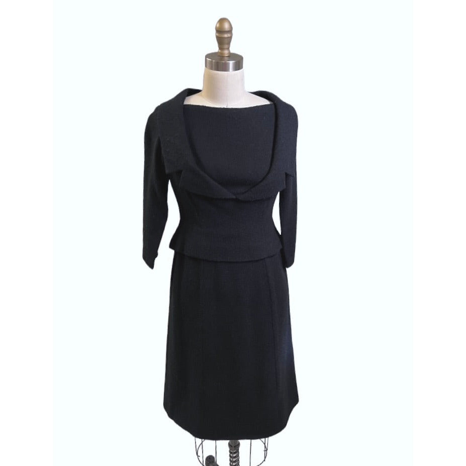 Halifax Paris Vintage Black Wool Boucle Cocktail Dress LBD 1950S 36-30-38 Cart2cart Halifax