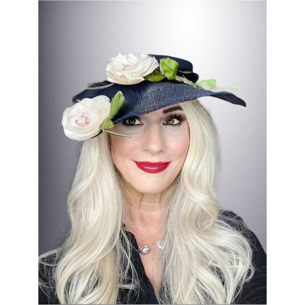 Vintage 1950s Womens Saucer Hat Wide Brim Church Dark Navy Straw Flowers O/S The Best Vintage Clothing