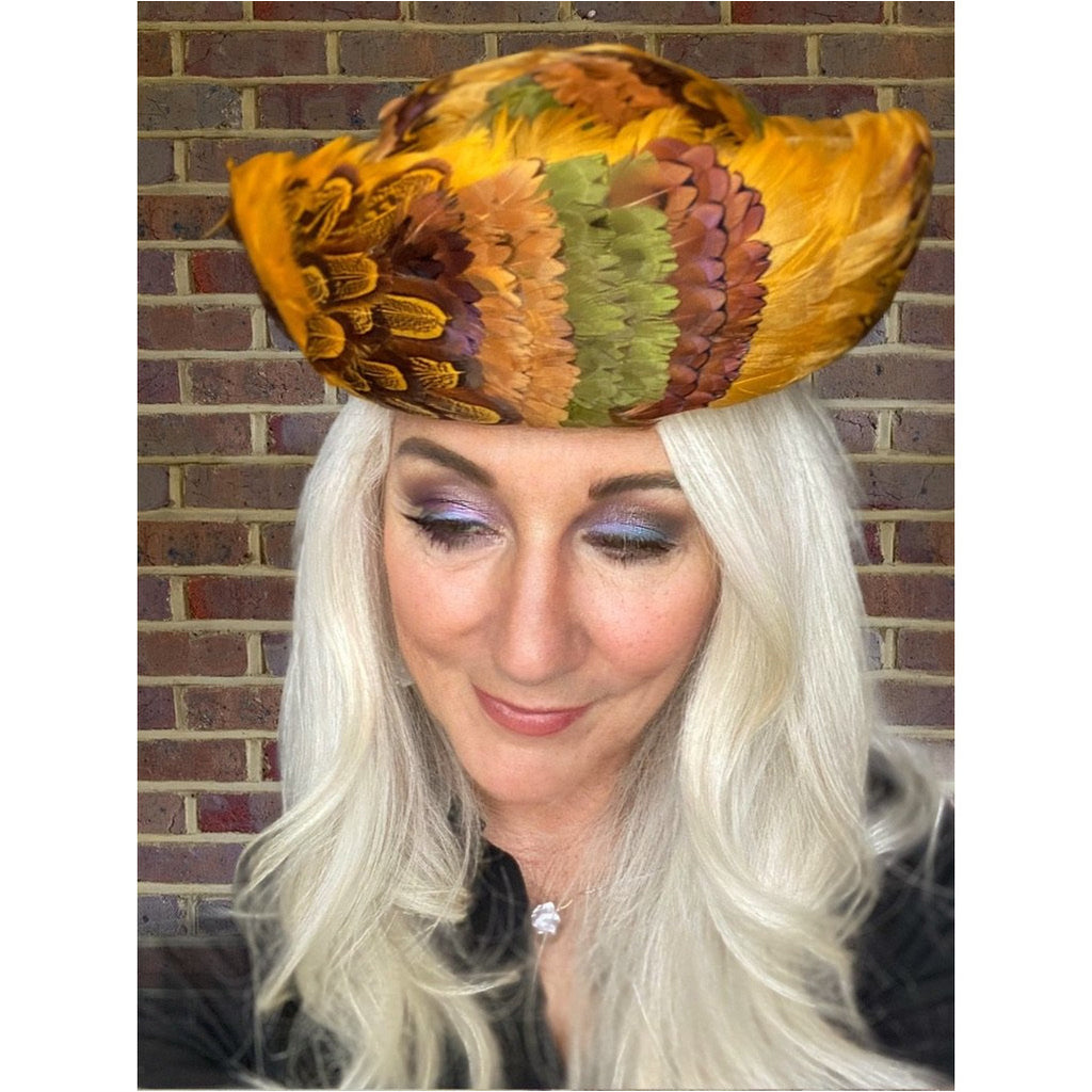 Vintage Womens Feather Pheasant Hat Stunning Gold Breton 21" 1950s Marvelous Maisel The Best Vintage Clothing