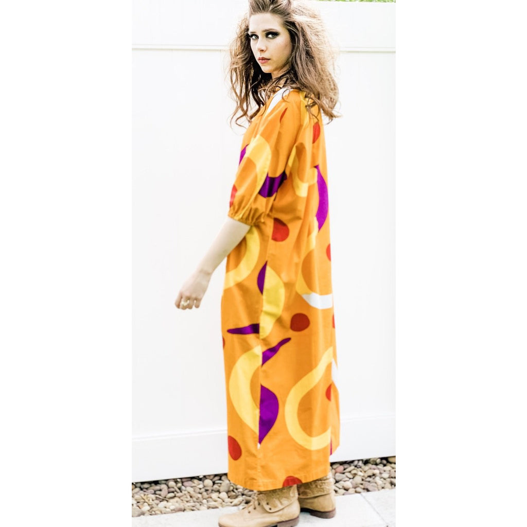 Vintage Marimekko Gown ”Mutka” Pentti Rinta 1975 O/S Cotton Gold Purple Dot Sack Dress marimekko The Best Vintage Clothing
