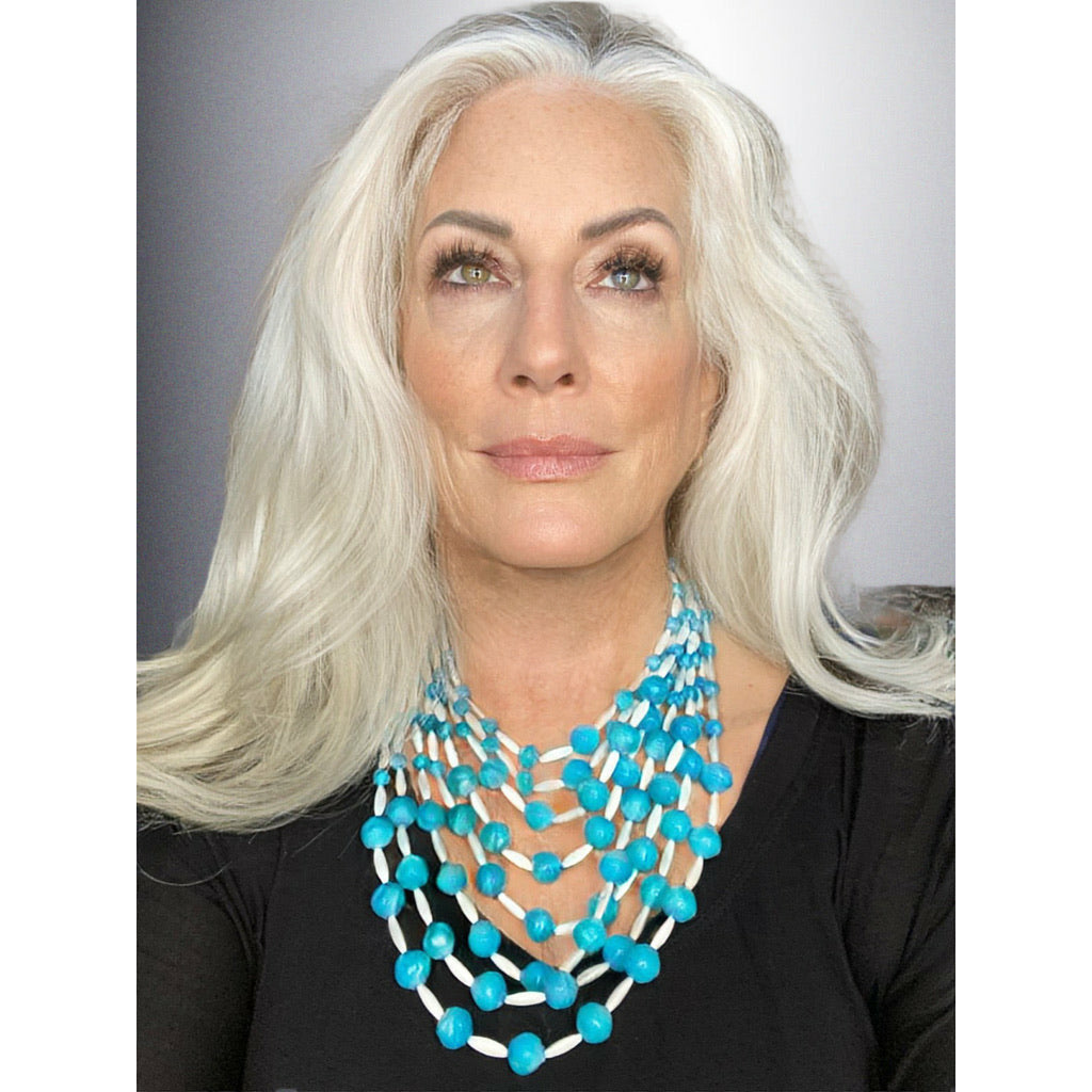 Schiaparelli Vintage Bib Necklace 8 Strands Turquoise White 1950s Plastic Stunning Designer necklace The Best Vintage Clothing