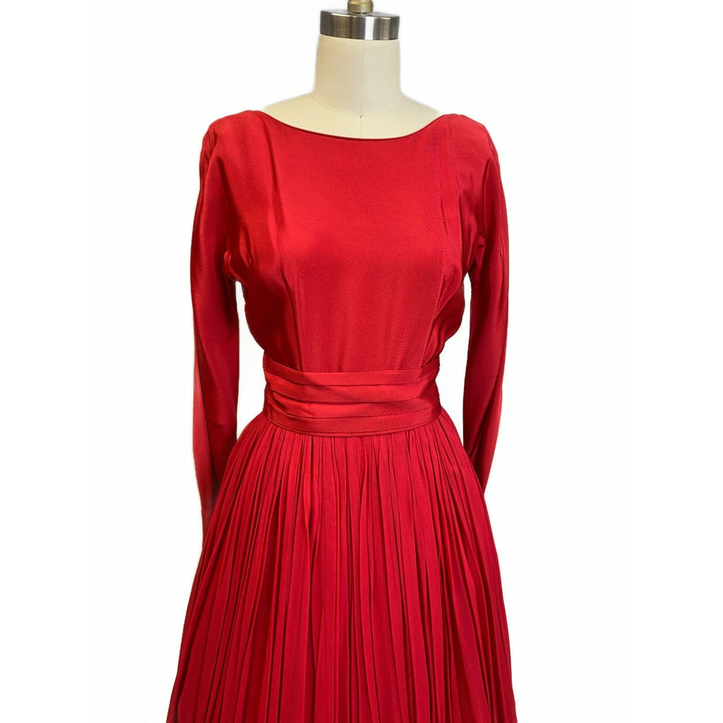 1940s Vintage Cocktail Dress Red L'Aiglon Wide Waist Sheer Skirt Sleek M Dresses The Best Vintage Clothing