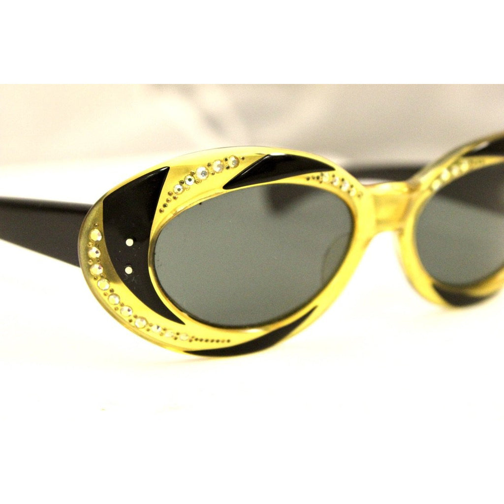 VTG Sunglasses Made In France Oval Cateye Cat Eye 2 Tone Rhinestone 1950-60s The Best Vintage Clothing