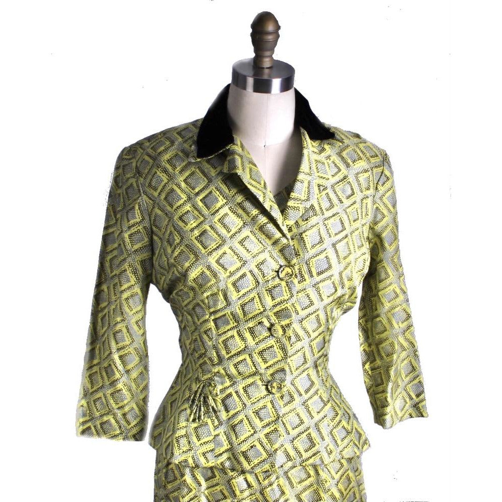 Vintage 1950s Silk Dress Wiggle MCM Roseweb Chartreuse/Black Dress & Jacket Size M NWOT suit The Best Vintage Clothing