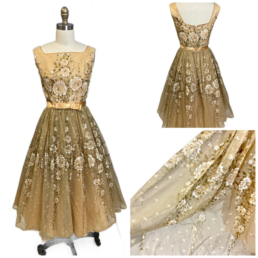 VTG Dress 50s Sheer Nylon Overlay Full Skirt Day/Party Gold White Hand Painted S Dresses The Best Vintage Clothing