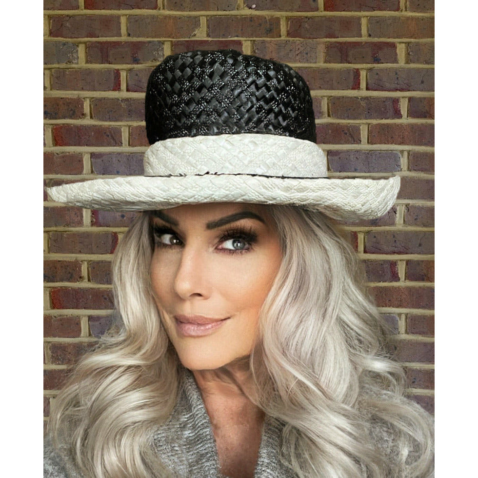 Vintage Mr. John Jr Wide Brimmed Tall Hat Black/ White Straw Church Derby Hats The Best Vintage Clothing