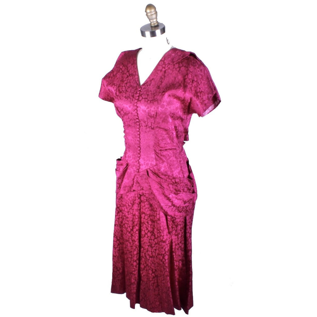 Vintage 1940s Dress Deep Fuchsia Damask WW2 Womens Sz S/M Hip Drapes Women's,New Arrivals The Best Vintage Clothing