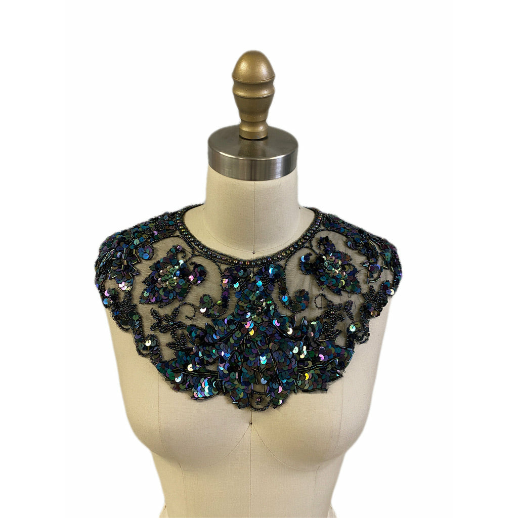 Vintage Embroidered Net Sequin Beaded Collar Black Blue Carnival Frog Closure The Best Vintage Clothing