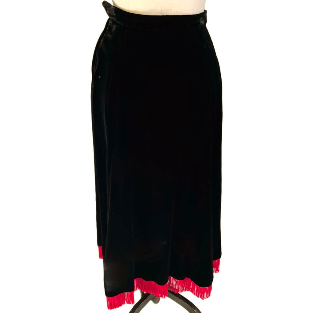 Vintage Black Velvet Full Skirt w Red Fringe Hem 1940s Small Modern Jr Cart2cart The Best Vintage Clothing