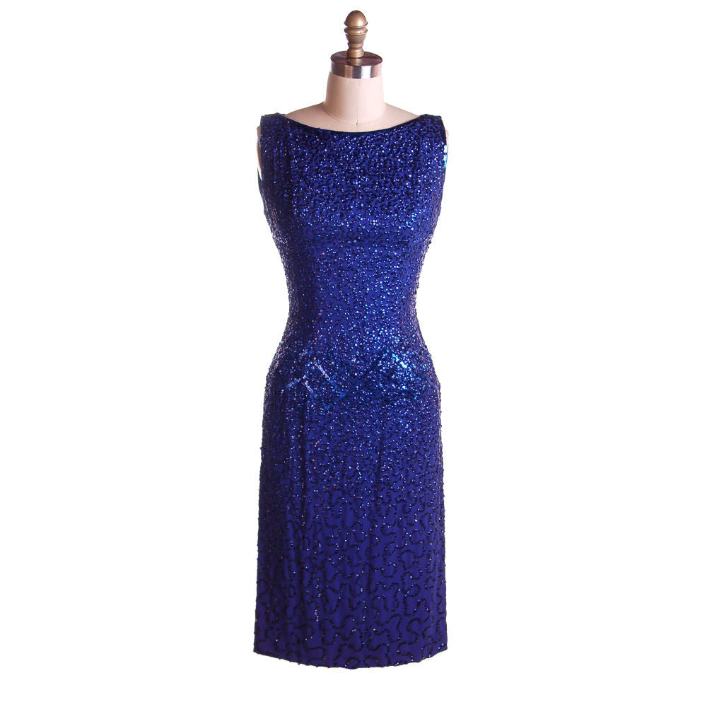 Vintage Cocktail Dress Blue Sequins Va-va-Voom! Frank Starr 1950s 36-26-36 Women's,New Arrivals Frank Starr