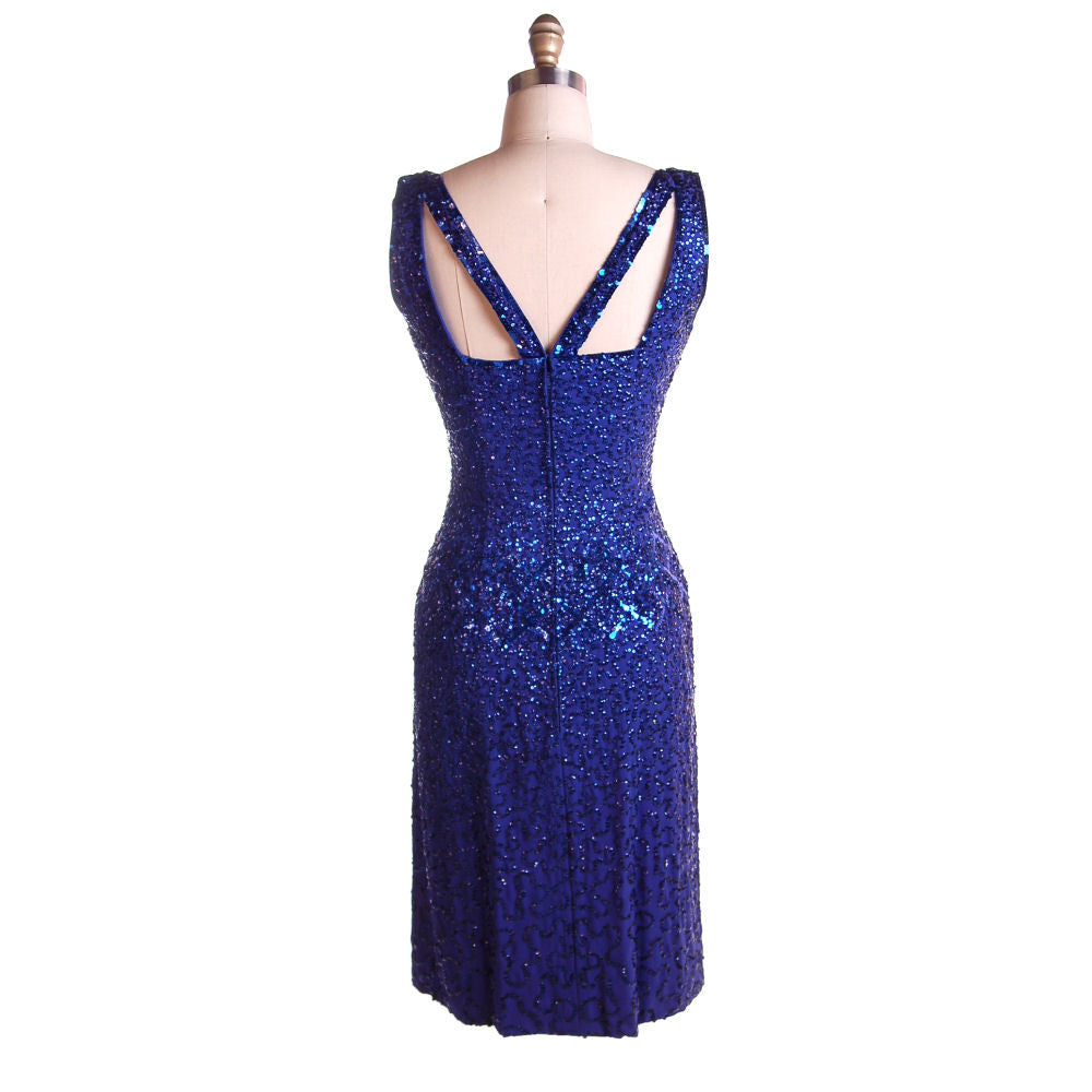 Vintage Cocktail Dress Blue Sequins Va-va-Voom! Frank Starr 1950s 36-26-36 Women's,New Arrivals Frank Starr