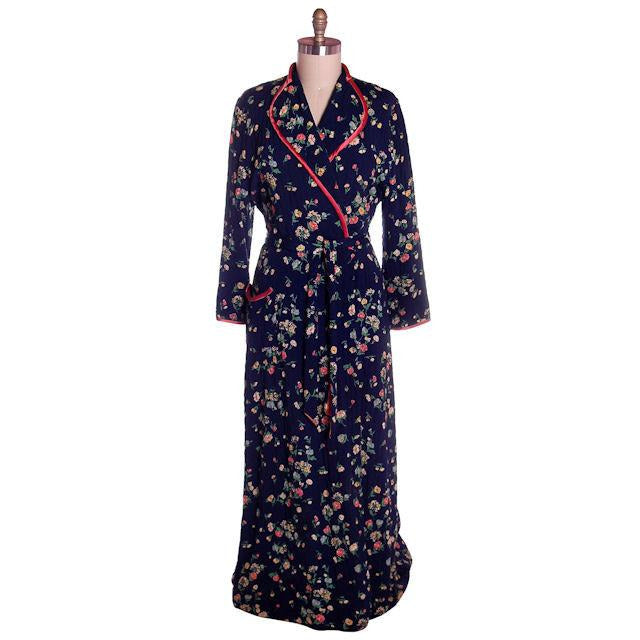 Vintage Ladies Quilted Robe Navy Blue Printed Rayon 1940s Large - The Best Vintage Clothing
 - 1