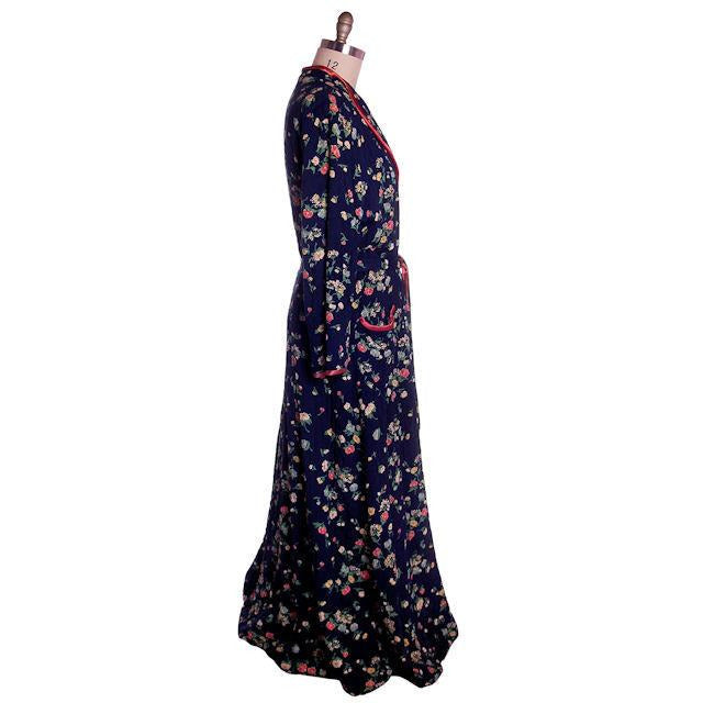 Vintage Ladies Quilted Robe Navy Blue Printed Rayon 1940s Large Women's vendor-unknown