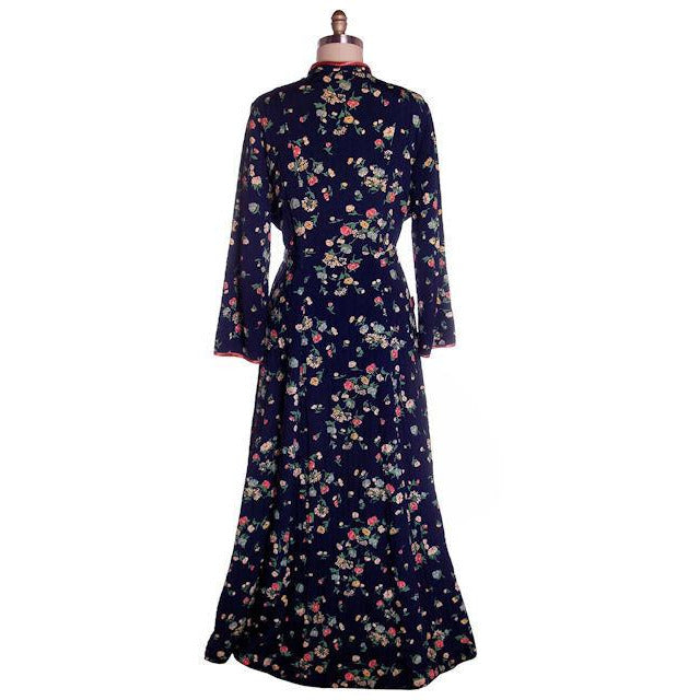 Vintage Ladies Quilted Robe Navy Blue Printed Rayon 1940s Large Women's vendor-unknown