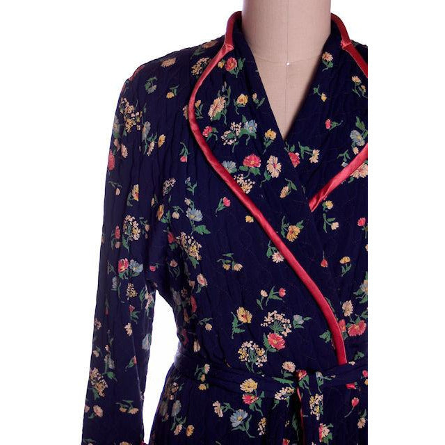 Vintage Ladies Quilted Robe Navy Blue Printed Rayon 1940s Large Women's vendor-unknown