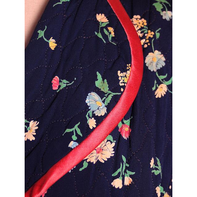 Vintage Ladies Quilted Robe Navy Blue Printed Rayon 1940s Large Women's vendor-unknown