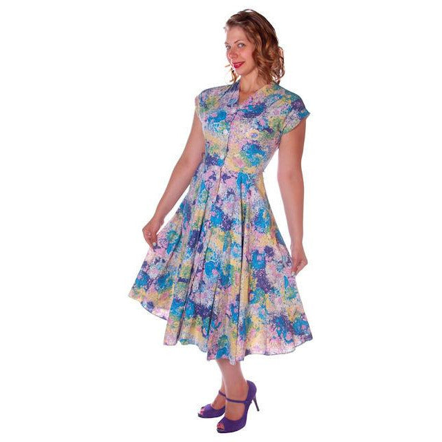 Vintage Day Dress Pastel Printed Cotton Full Skirt 1950s Sz 12 Women's The Best Vintage Clothing