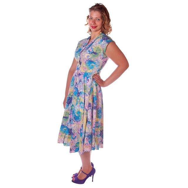 Vintage Day Dress Pastel Printed Cotton Full Skirt 1950s Sz 12 Women's The Best Vintage Clothing