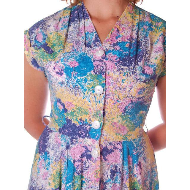 Vintage Day Dress Pastel Printed Cotton Full Skirt 1950s Sz 12 Women's The Best Vintage Clothing