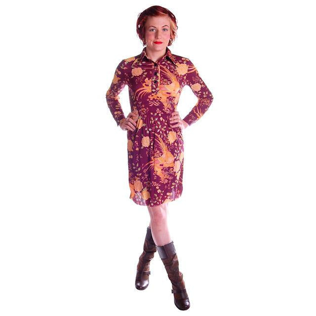Vintage Mini Polyester Bird Print Dress/Tunic 1970s S Cart2cart vendor-unknown