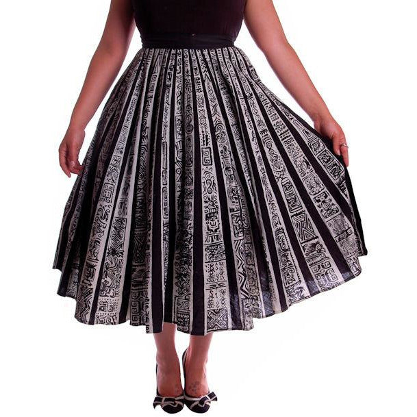 Vintage Circle Skirt Black/White Sun Ray Hand Painted Mexico Tel-Art 29" Waist Cart2cart The Best Vintage Clothing