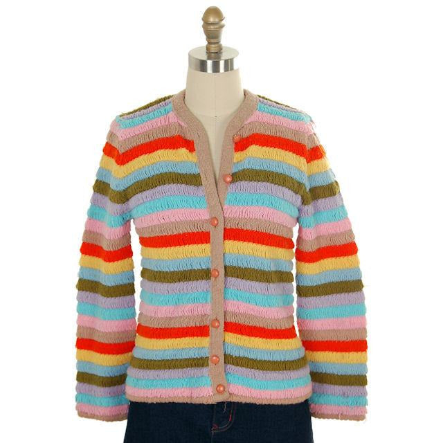 Vintage Cardigan Sweater Womens Colorful Stripes Acrylic Unique Weave 1960s M On Sale,Women's The Best Vintage Clothing