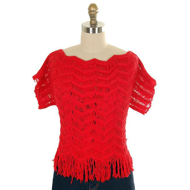 Vintage Sweater Red Open Weave Fringed  Ladies Red Organically Grown 1980s S - The Best Vintage Clothing
 - 1