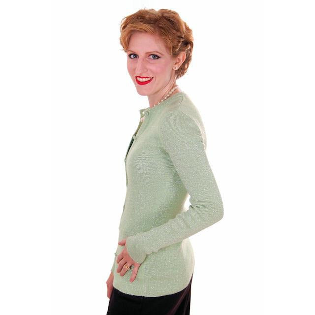 VTG 70s Oscar de la Renta Pale Green Silver Metallic Ribbed Cardigan M Women's Oscar De La Renta